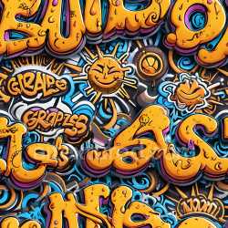 seamless Seamless 3D PBR Texture Featuring Vibrant Orange Graffiti with Blue Accents & Cartoon Elements texture 8k free download PBR