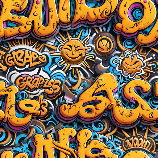 Seamless 3D PBR Texture Featuring Vibrant Orange Graffiti with Blue Accents & Cartoon Elements