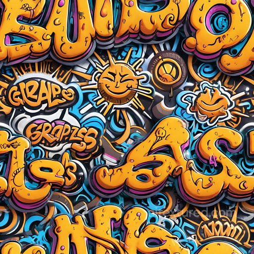 Seamless 3D PBR Texture Featuring Vibrant Orange Graffiti with Blue Accents & Cartoon Ele… texture preview