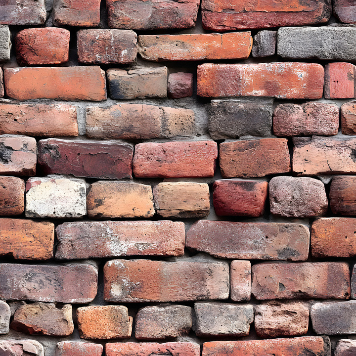 Cracked Brick Wall with Worn Red and Brown Bricks seamless PBR texture preview