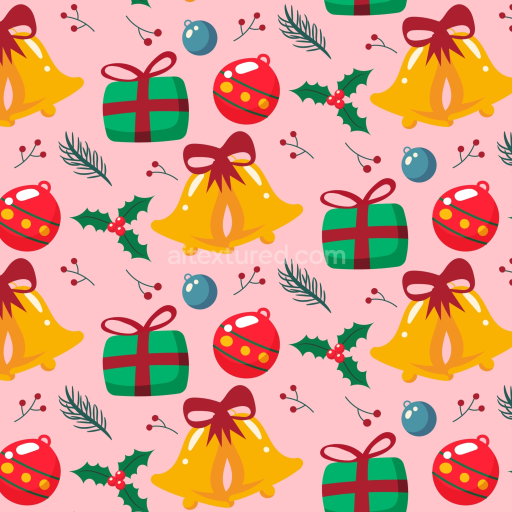 Seamless 3D PBR Christmas Pink Festive Pattern Texture with Bells and Gifts