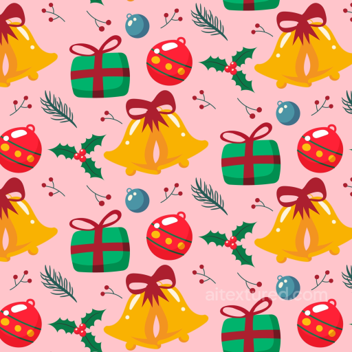 Christmas Pink Festive Pattern Texture with Bells and Gifts seamless Christmas Pink PBR texture