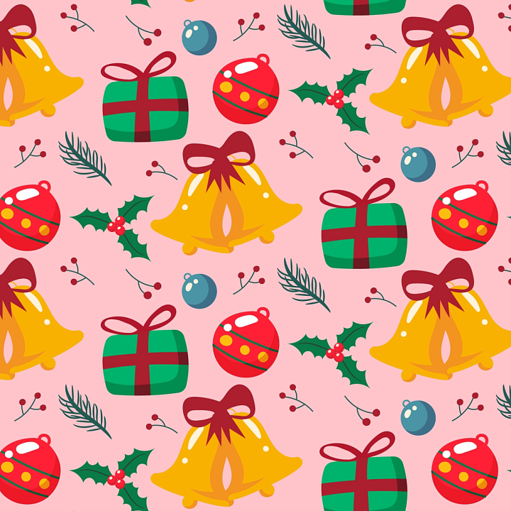 Christmas Pink Festive Pattern with Bells and Gifts seamless PBR texture preview