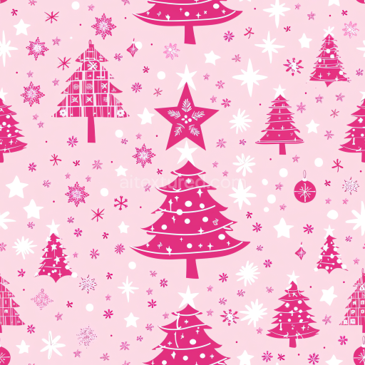 Seamless 3D PBR Texture Featuring Pink Christmas Trees and Snowflakes