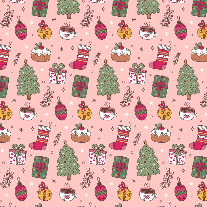 with Festive Pink Christmas Icons Pattern seamless PBR texture preview