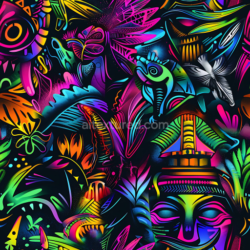 Seamless 3D PBR Texture Featuring Vibrant Neon Tribal Graffiti Art