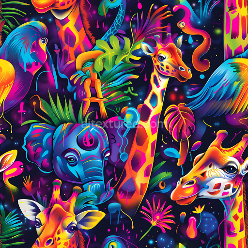 Seamless 3D PBR Graffiti Texture Featuring Neon Jungle Animals and Tropical Foliage