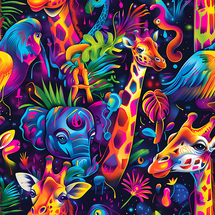 Graffiti Featuring Neon Jungle Animals and Tropical Foliage seamless PBR texture preview