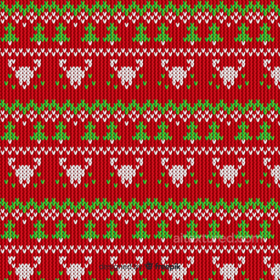 Knit Fabric Texture with Red, Green Christmas Trees and Reindeer Pattern All Christmas Digital paper texture preview