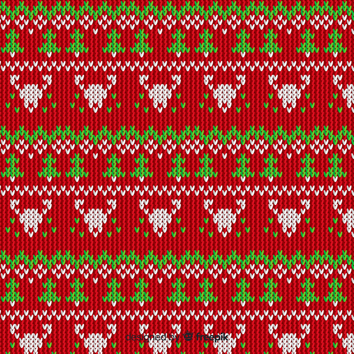 Knit Fabric with Red, Green Christmas Trees and Reindeer Pattern seamless PBR texture preview