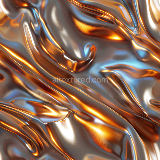 Seamless 3D PBR texture of glossy wrinkled fabric with orange and blue highlights