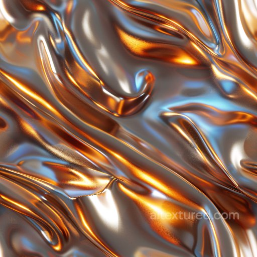 Seamless 3D PBR texture of glossy wrinkled fabric with orange and blue highlights texture preview