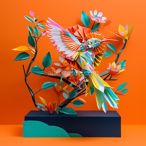 Seamless 3D PBR Texture of Vibrant Origami-Style Bird with Geometric Feathers and Flowers