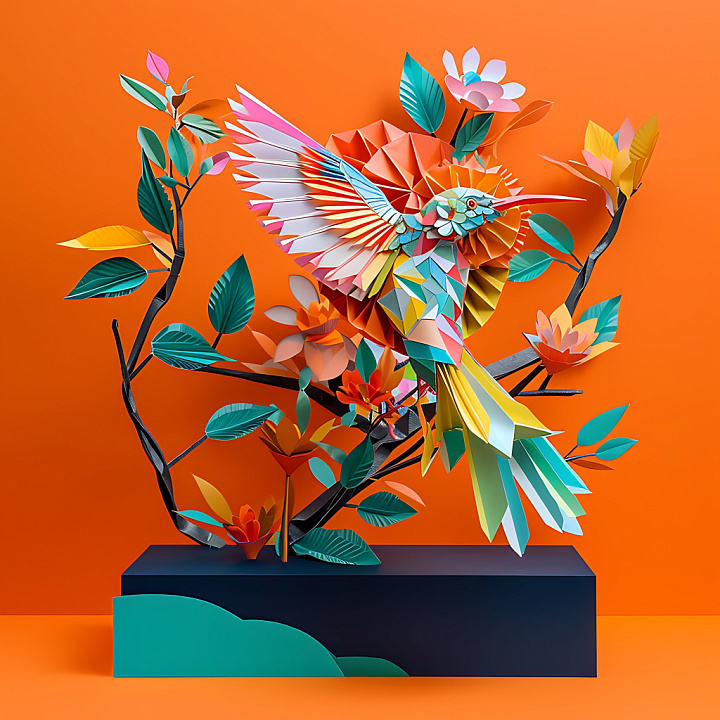 Animal of Vibrant Origami-Style Bird with Geometric Feathers and Flowers seamless PBR texture preview