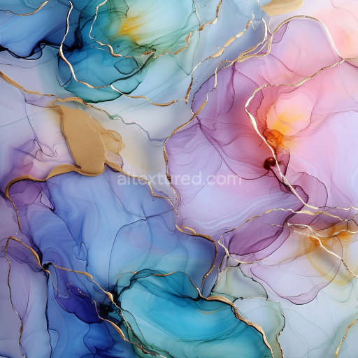 Seamless 3D Alcohol Ink PBR Texture Featuring Multicolor Fluid Swirls with Gold Vein Accents