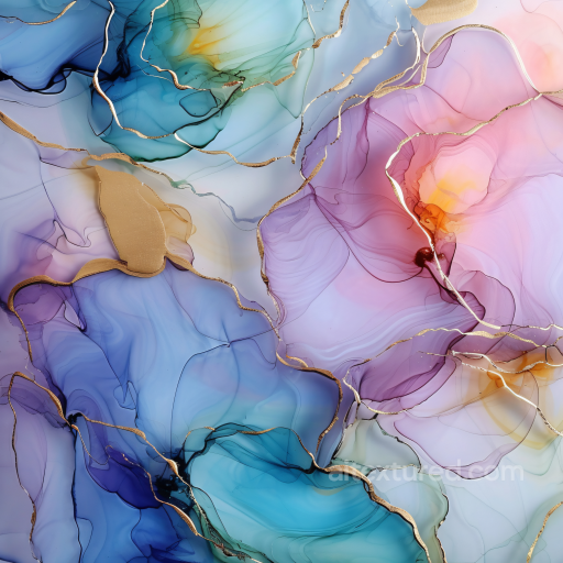 Alcohol Ink PBR Texture Featuring Multicolor Fluid Swirls with Gold Vein Accents seamless Alcohol ink PBR texture