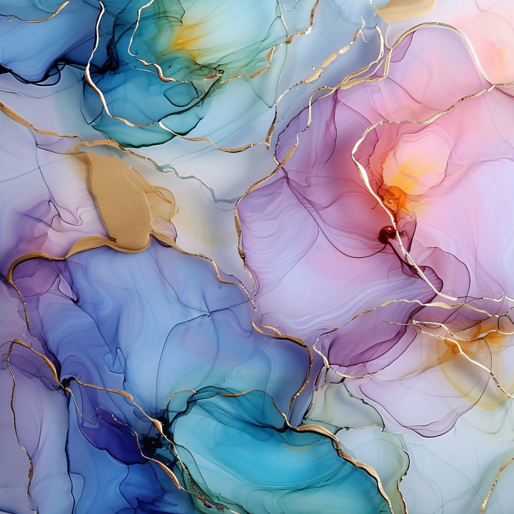 Alcohol Ink Featuring Multicolor Fluid Swirls with Gold Vein Accents seamless PBR texture preview