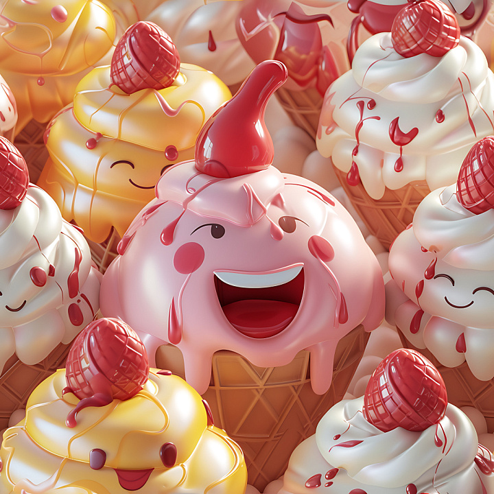 Inflated of Playful Soft Ice Cream Cones with Glossy Syrup Drips seamless PBR texture preview