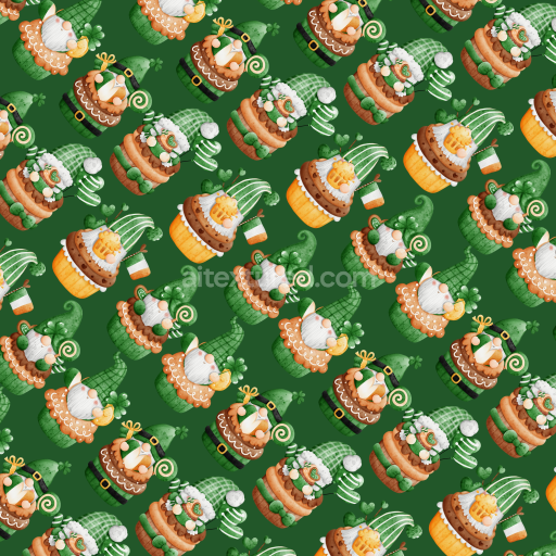 Seamless 3D PBR Texture of St Patrick Gnome and Cupcake Pattern on Green