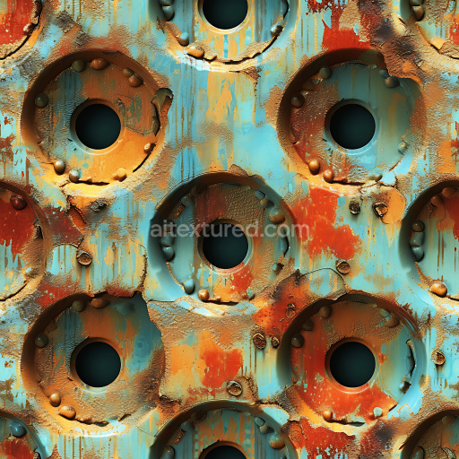 Seamless 3D PBR Texture of Rusted Metal with Cracked Paint and Circular Holes
