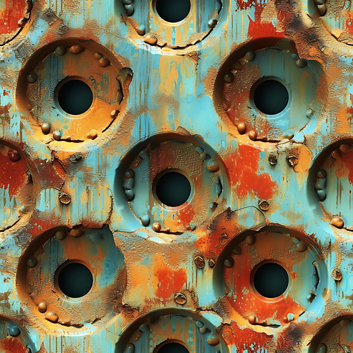 Cracked & Holes of Rusted Metal with Cracked Paint and Circular Holes seamless PBR texture preview