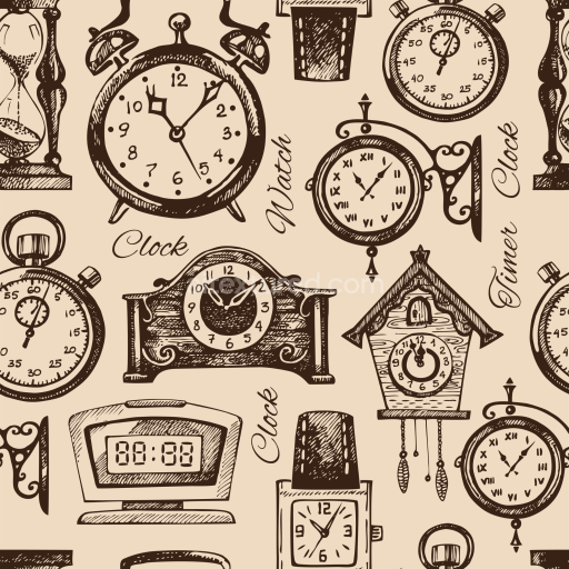 Seamless 3D PBR Texture with Hand-Drawn Vintage Clock Illustrations