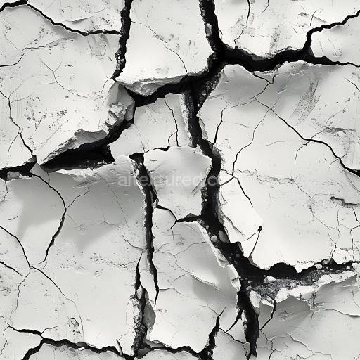 Seamless 3D PBR Cracked Plaster Texture with Jagged Deep Fractures and White Surface