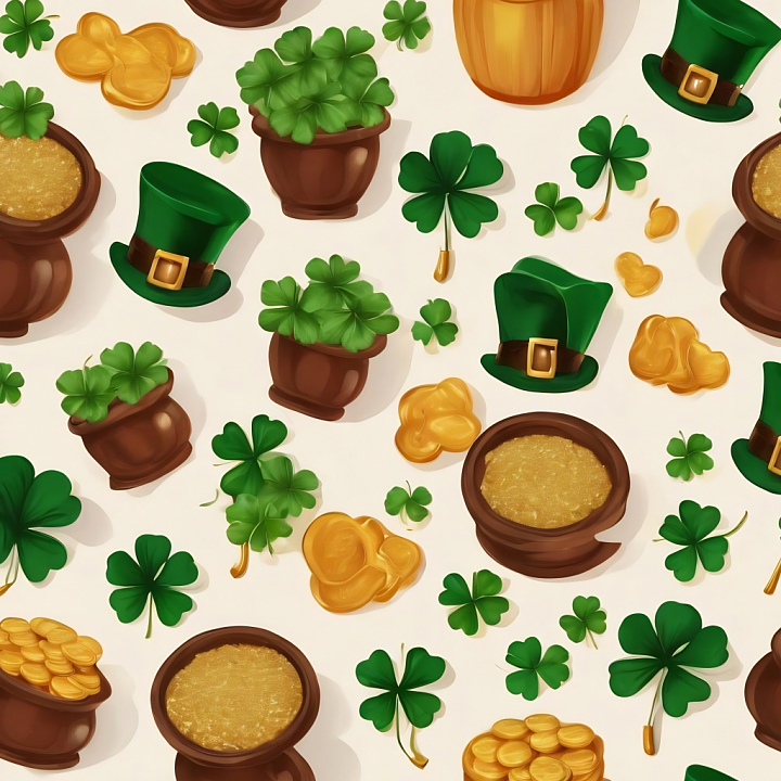 with St Patrick’s Shamrocks, Leprechaun Hats & Gold Pots seamless PBR texture preview