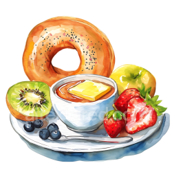 seamless Watercolor Breakfast Scene with Buttered Bagel, Fresh Fruit, and Butter in a Cup texture 8k free download PBR