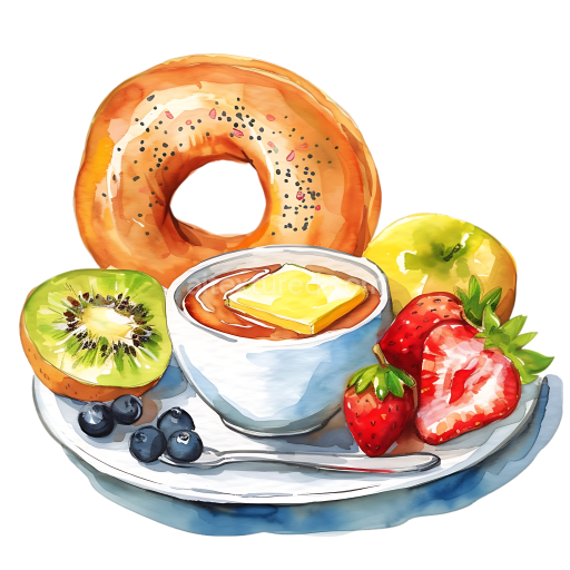 Watercolor Breakfast Scene with Buttered Bagel, Fresh Fruit, and Butter in a Cup