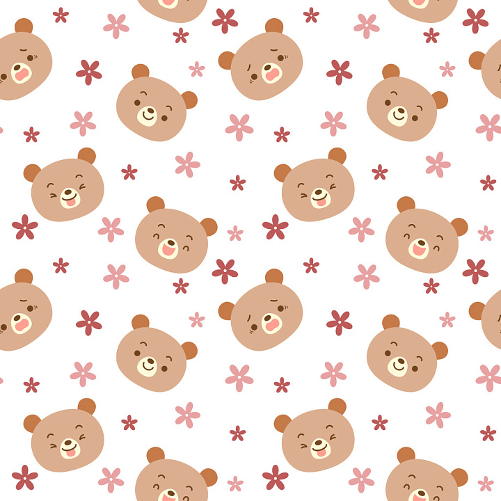 Pattern Featuring Playful Bear Faces with Pink Floral Motifs seamless PBR texture preview