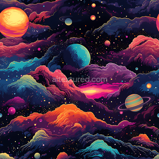 Seamless 3D Space PBR Texture Featuring Vibrant Cosmic Nebula Clouds and Colorful Planets