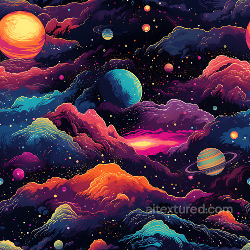 Space PBR Texture Featuring Vibrant Cosmic Nebula Clouds and Colorful Planets seamless Star, space, planets PBR texture