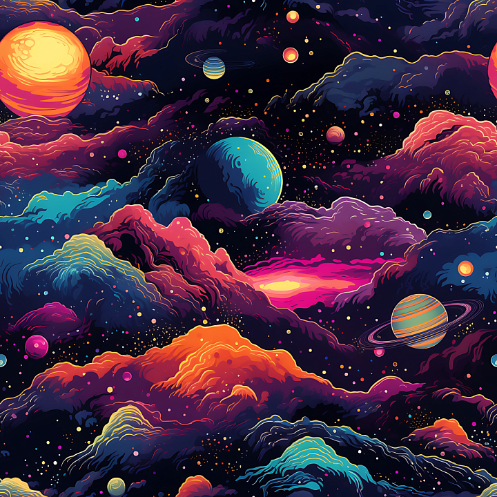 Space Featuring Vibrant Cosmic Nebula Clouds and Colorful Planets seamless PBR texture preview
