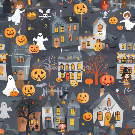 Seamless 3D PBR Watercolor Halloween Fabric Texture with Playful Pumpkins and Ghosts