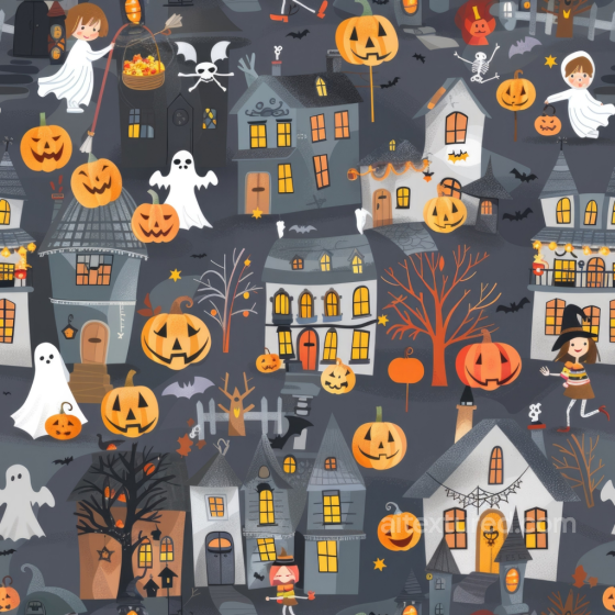 Watercolor Halloween Fabric Texture with Playful Pumpkins and Ghosts Watercolor Halloween texture preview