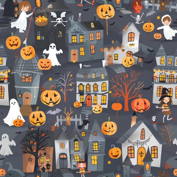 Watercolor Halloween Fabric with Playful Pumpkins and Ghosts seamless PBR texture preview