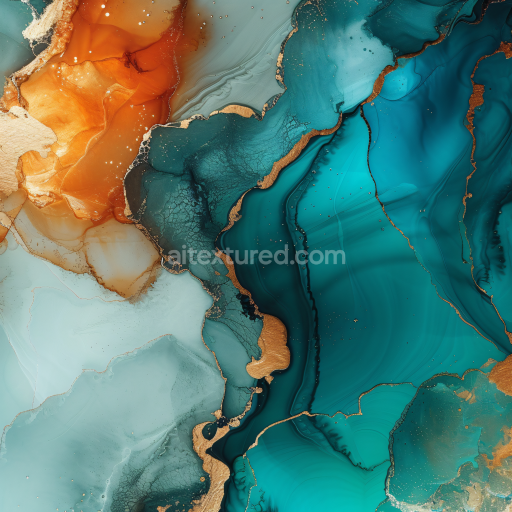 Seamless 3D Alcohol Ink PBR Texture Featuring Turquoise and Gold Fluid Waves with Amber Accents