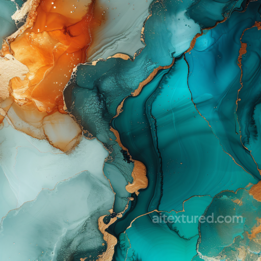 Alcohol Ink PBR Texture Featuring Turquoise and Gold Fluid Waves with Amber Accents seamless Alcohol ink PBR texture