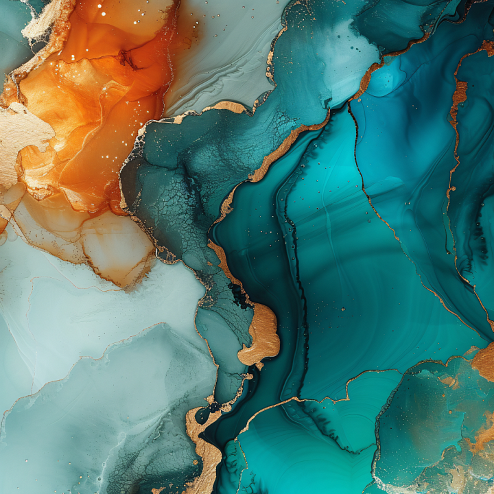 Alcohol Ink Featuring Turquoise and Gold Fluid Waves with Amber Accents seamless PBR texture preview