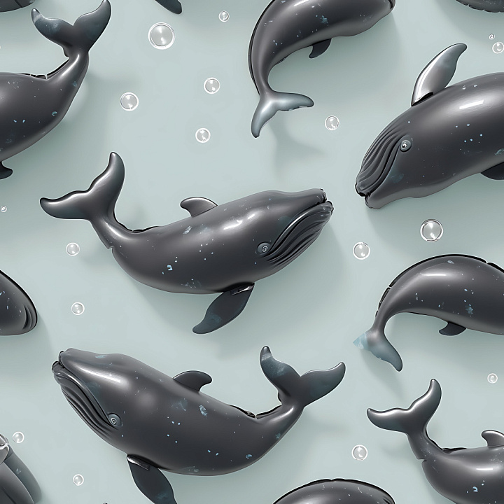 Inflated Whale Toy with Glossy Black Finish and Bubble Accents seamless PBR texture preview