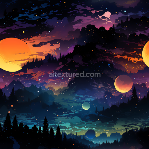 Seamless 3D Space PBR Texture Featuring Cosmic Nebula and Starfield with Planets