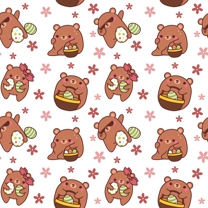 Pattern Featuring Adorable Cartoon Bears and Floral Accents seamless PBR texture preview