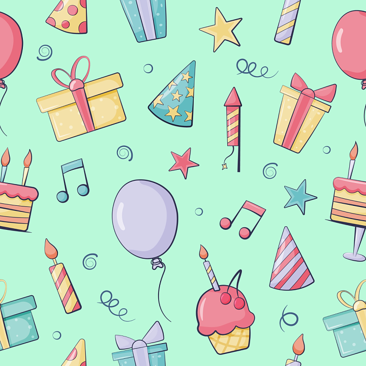 Birthday Party Pattern with Colorful Festive Icons seamless PBR texture preview