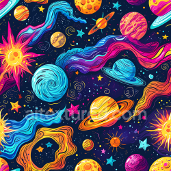 seamless Seamless 3D Space PBR Texture with Colorful Cartoon Planets, Nebula Streaks, and Stars texture 8k free download PBR