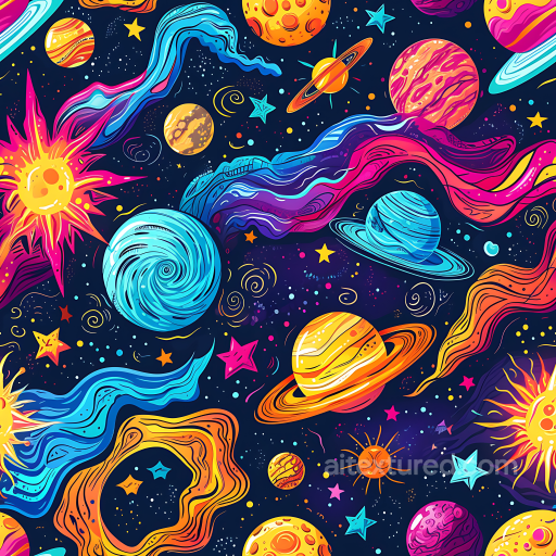 Space PBR Texture with Colorful Cartoon Planets, Nebula Streaks, and Stars seamless Star, space, planets PBR texture