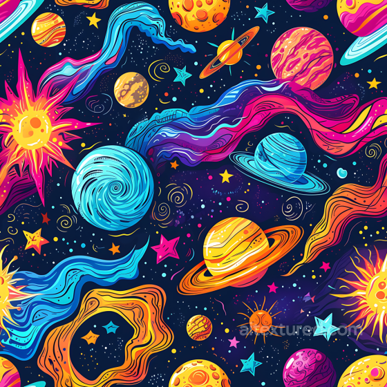 Space PBR Texture with Colorful Cartoon Planets, Nebula Streaks, and Stars Star, space, planets texture preview
