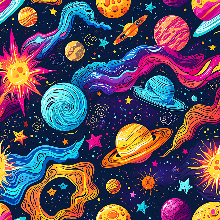 Space with Colorful Cartoon Planets, Nebula Streaks, and Stars seamless PBR texture preview