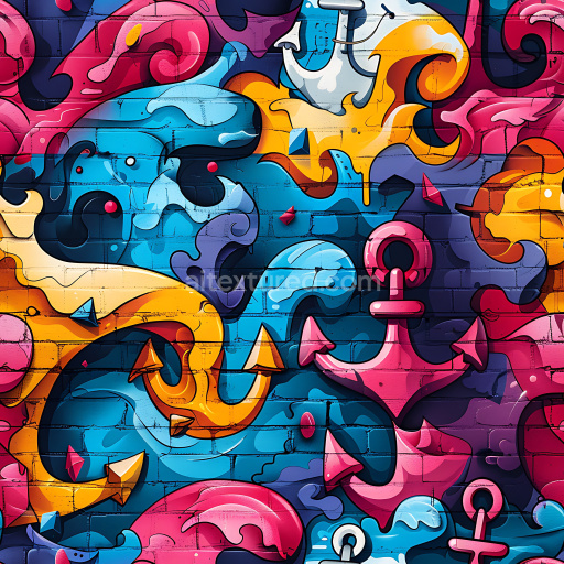 Seamless 3D PBR graffiti texture with vibrant anchors, waves, and abstract shapes
