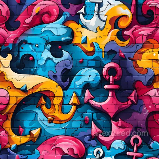 Seamless 3D PBR graffiti texture with vibrant anchors, waves, and abstract shapes texture preview